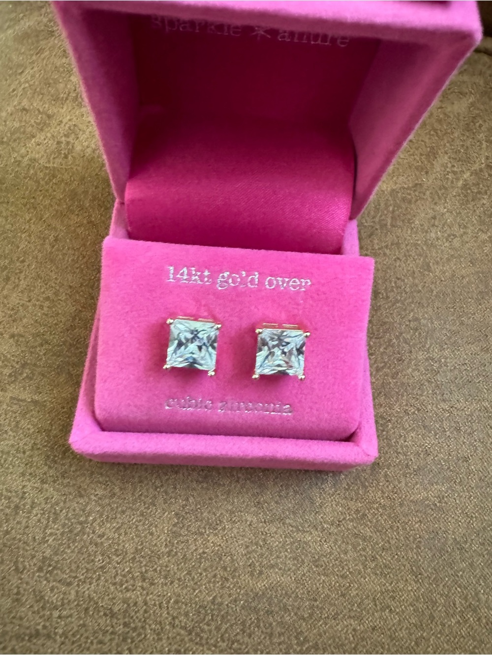 Sparkle Allure 14kt Gold Over Princess-Cut Cubic Zirconia Stud Earrings. New
